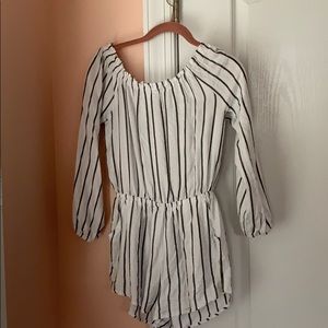 off the shoulder white and black romper